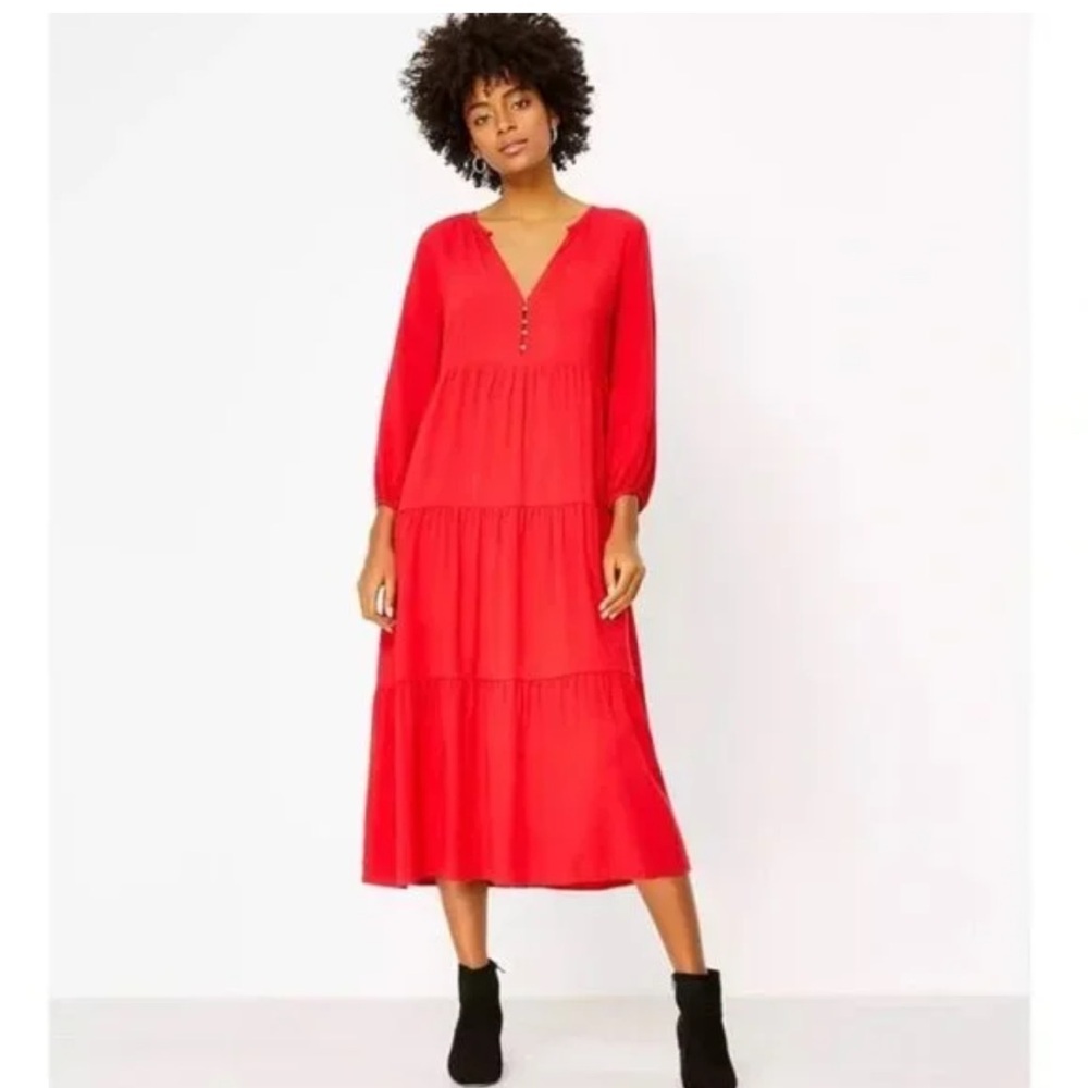 LOFT Oversized Red Tiered V-Neck Midi Dress NWOT 💯% Rayon Half Lined
